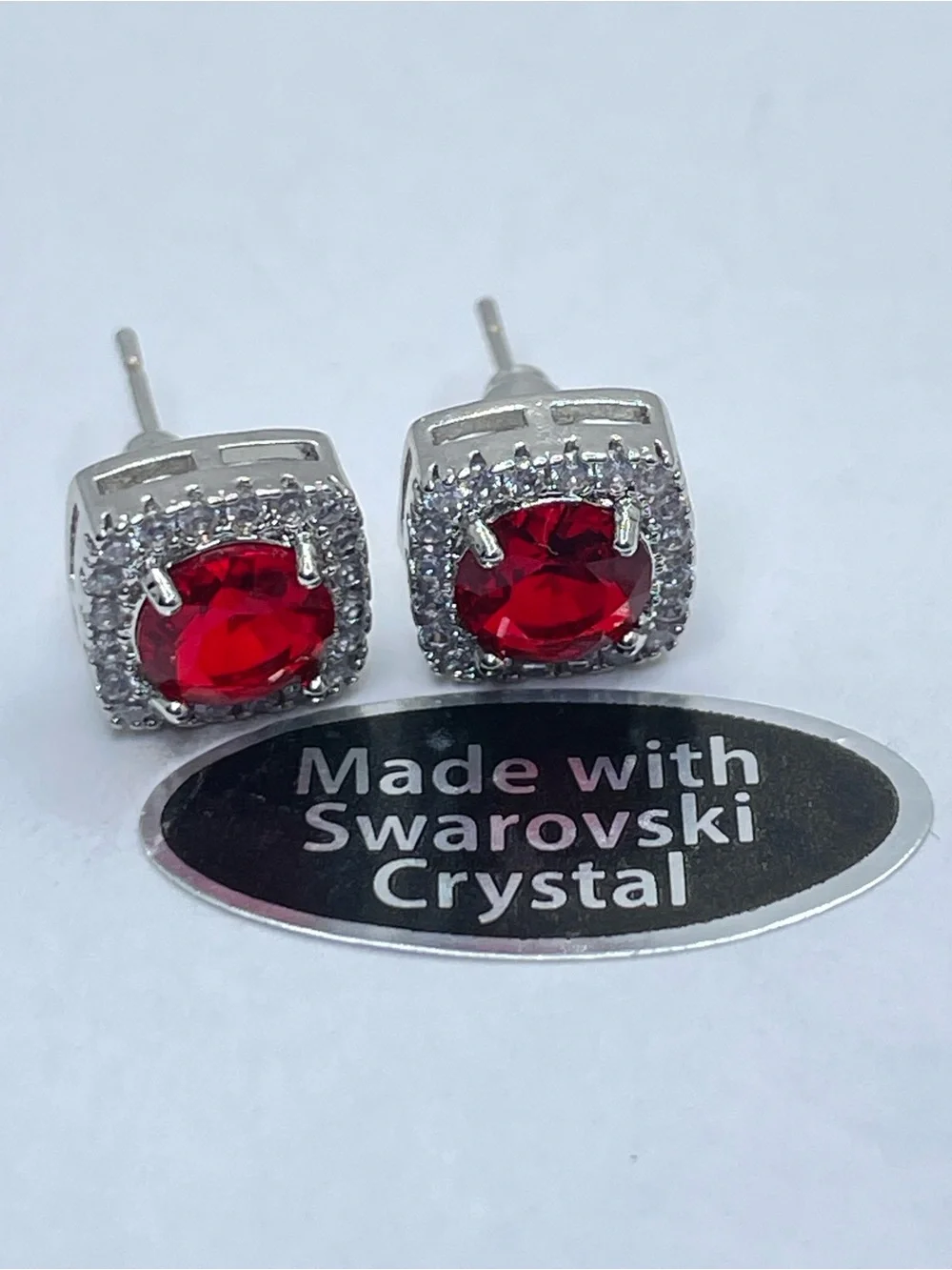 Swarovski Crystal Elements Ruby Red Halo Stud Earrings Silver Studs Elegant